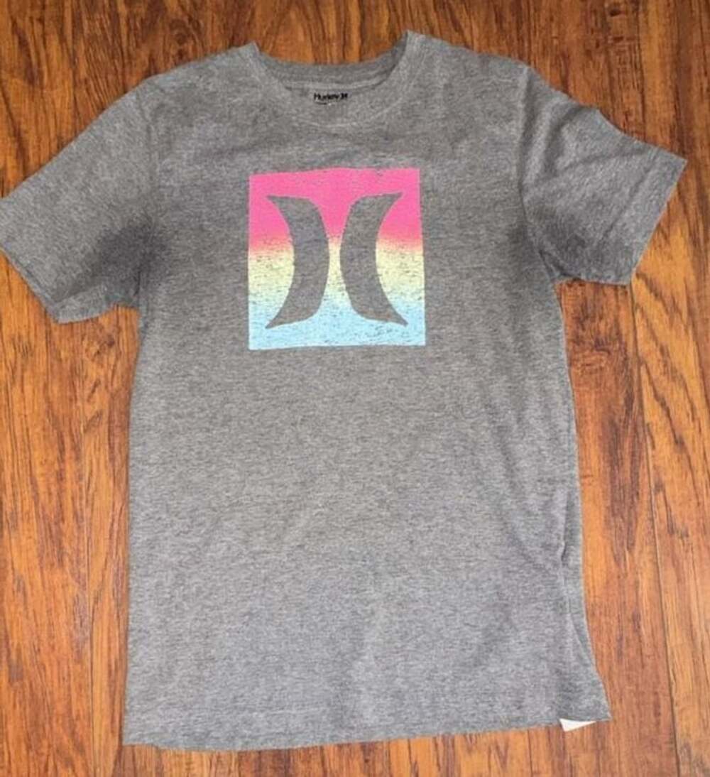 Hurley Graphic T-Shirt Size 14-16 Heather Gray Pink Blue Logo - Youth